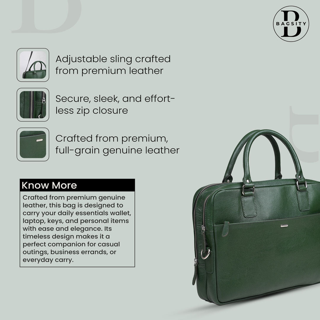 Bagsity Genuine Leather Laptop Bag for Men | Slim Office Shoulder Bag Messenger Bag (Green, 16 inch)