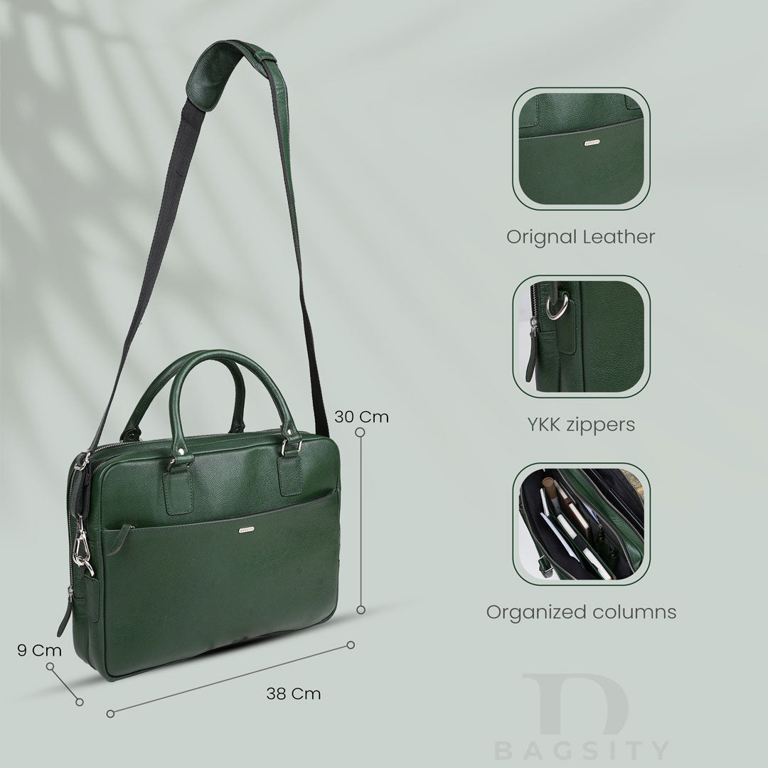 Bagsity Genuine Leather Laptop Bag for Men | Slim Office Shoulder Bag Messenger Bag (Green, 16 inch)