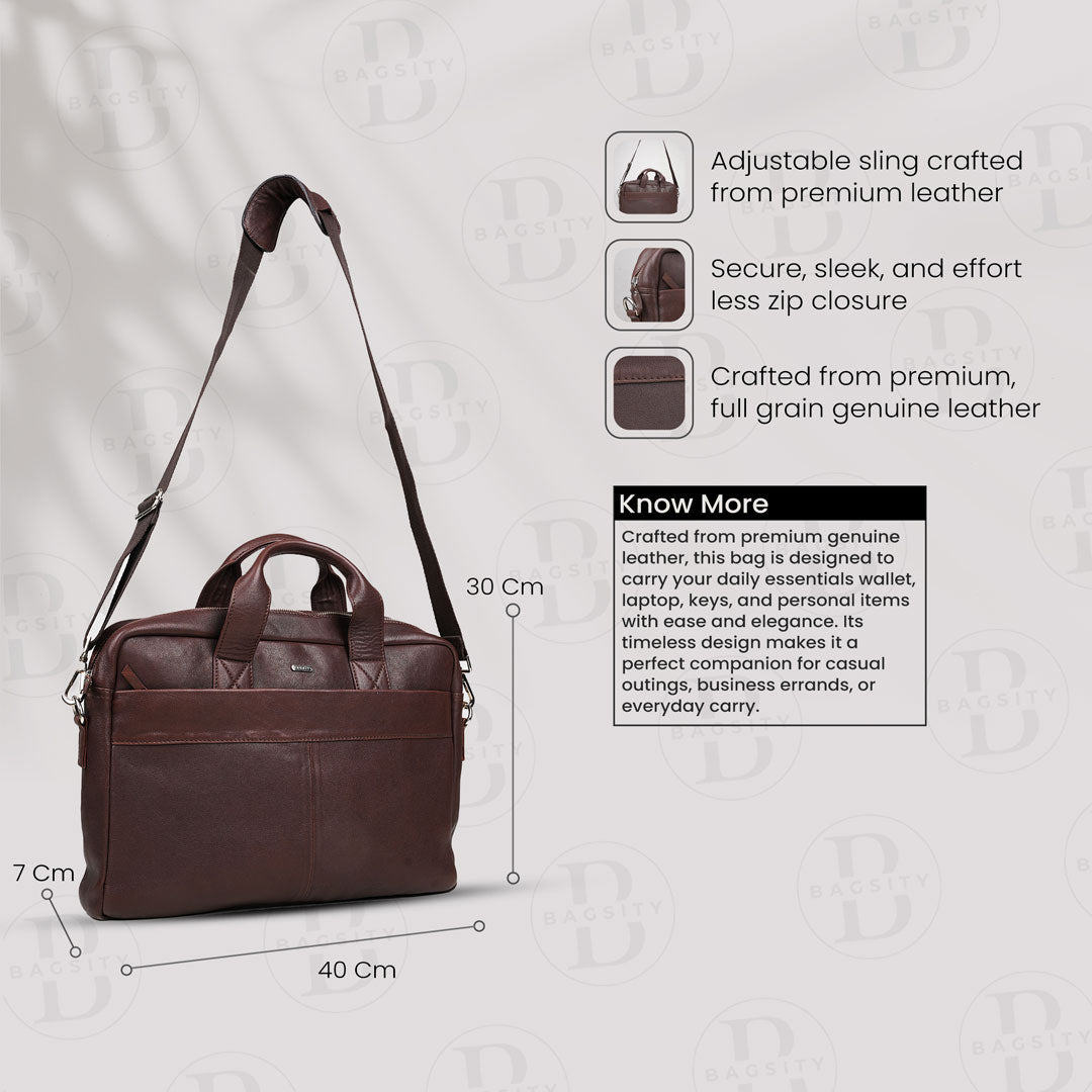 Bagsity Genuine Leather Laptop Bag for Men | Slim Office Shoulder Bag Messenger Bag  (Brown, 16 inch)