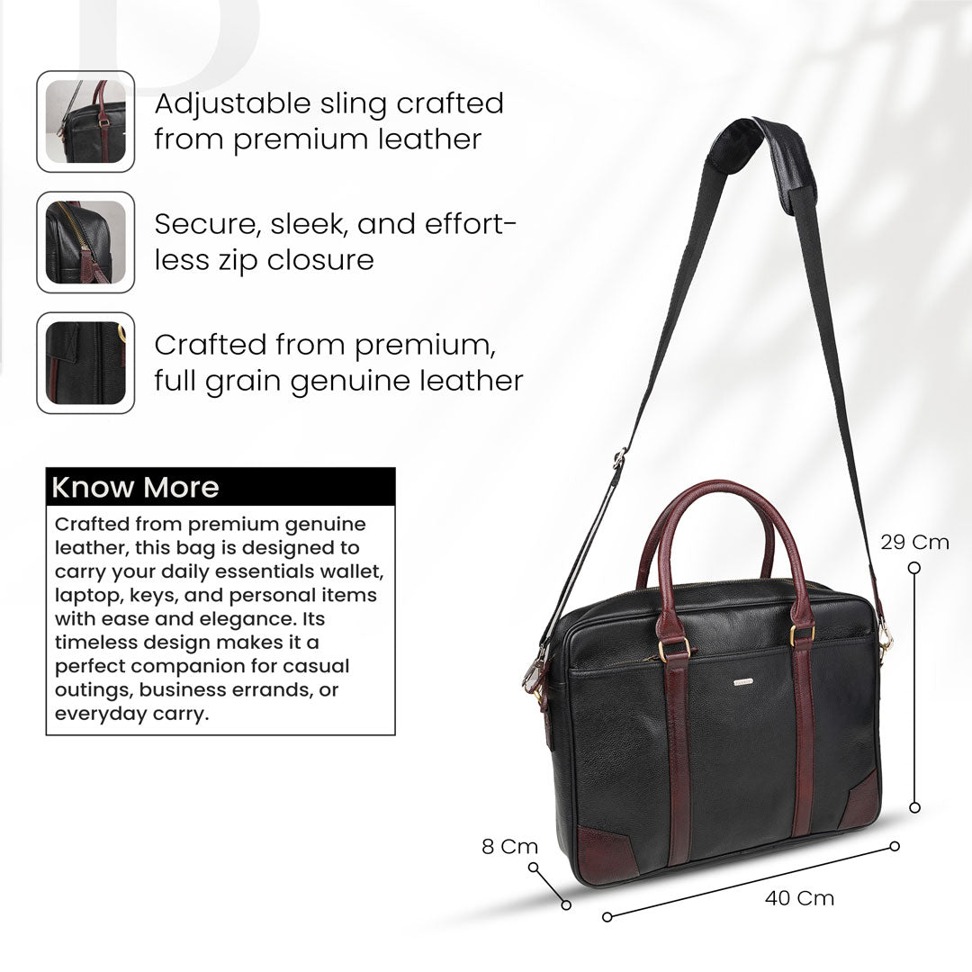 Bagsity Genuine Leather Laptop Bag for Men | Slim Office Shoulder Bag Messenger Bag  (Black, 16 inch)